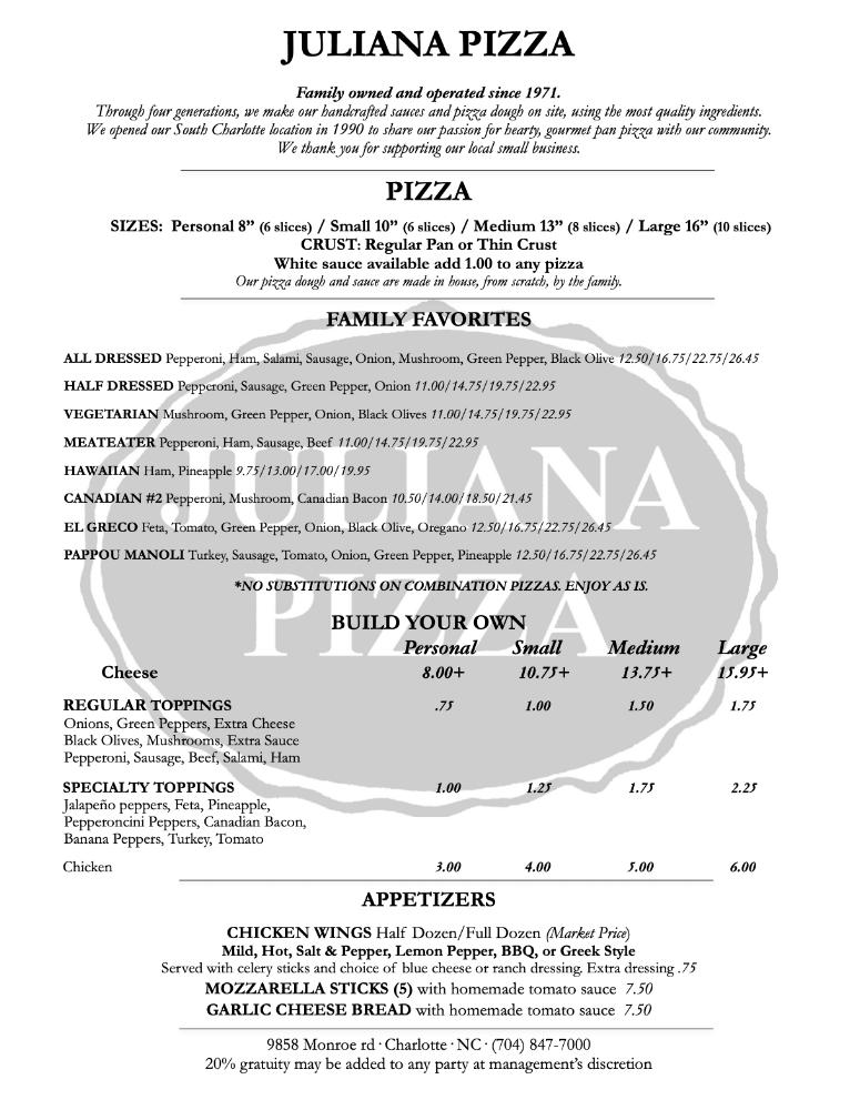 Juliana Pizza Menu image 2